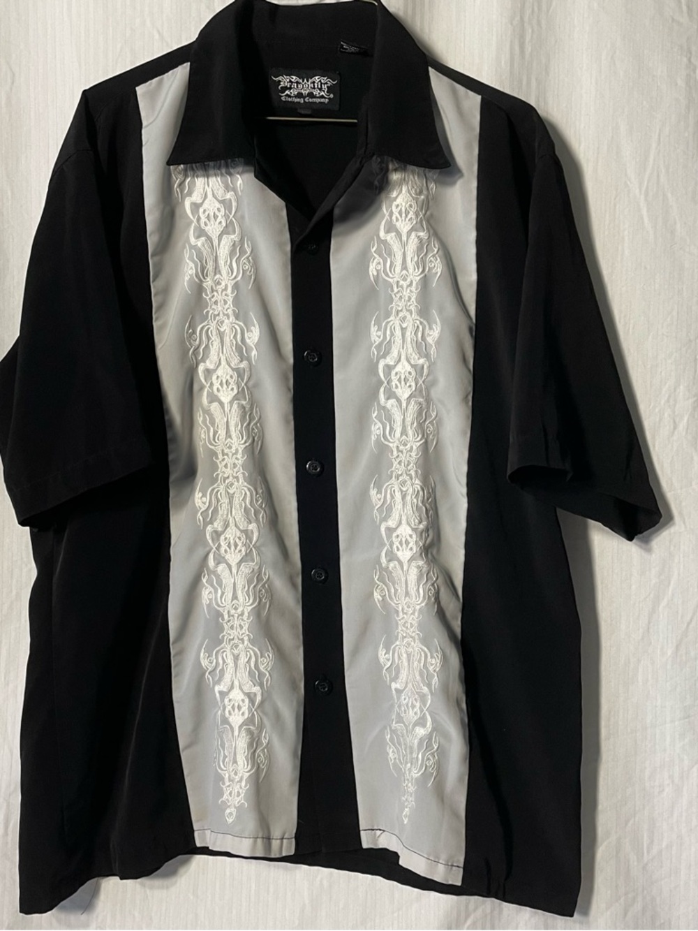 Black & White Embroidered Cuban-Collar Button-Down Shirt
